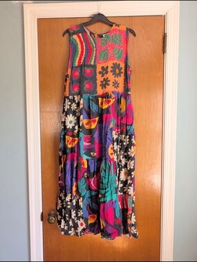FARM Rio Multicolor Floral & Fruit Smock Boho Maxi Dress